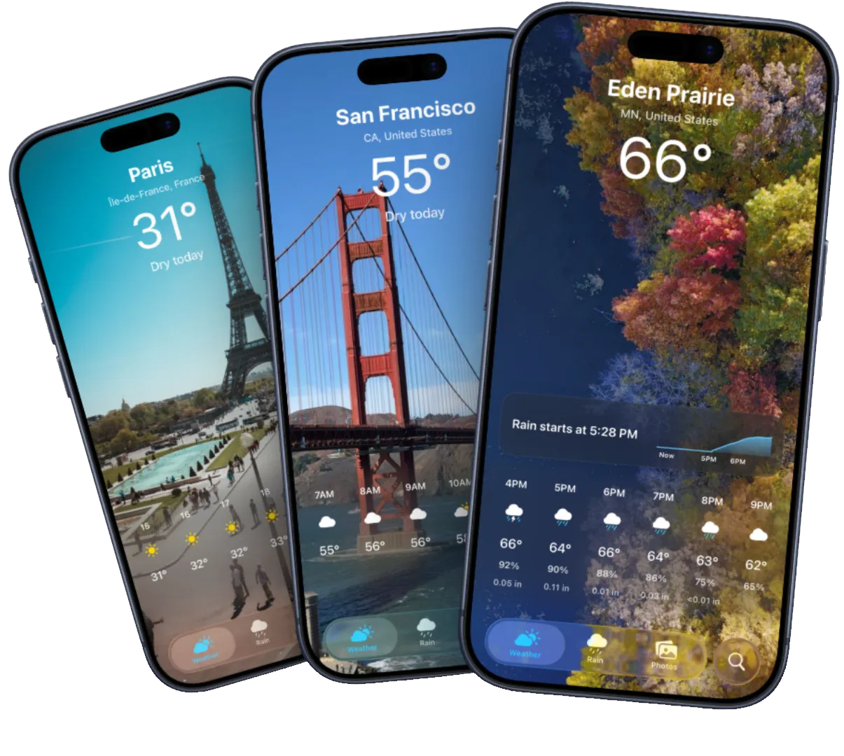 Vista Weather App screenshots showcasing beautiful city and nature photos